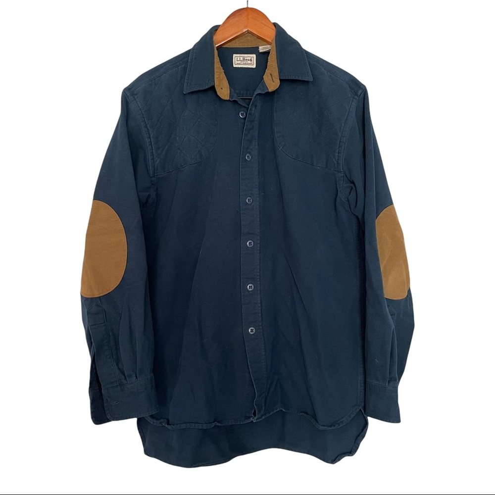 LL Bean Solid Blue Hunting Flannel Shirt Elbow Patches Men’s Medium